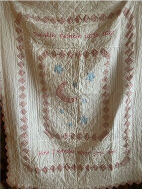 Vintage Hand Made Twinkle Twinkle Little Star Pink & Blue Baby Quilt